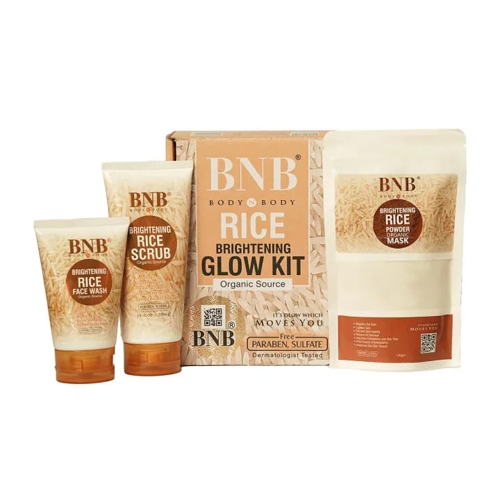 BNB Organic Source Rice Brightening Glow Kit, Face Wash+Scrub+Mask, Paraben and Sulfate Free, Dermatologist-Tested